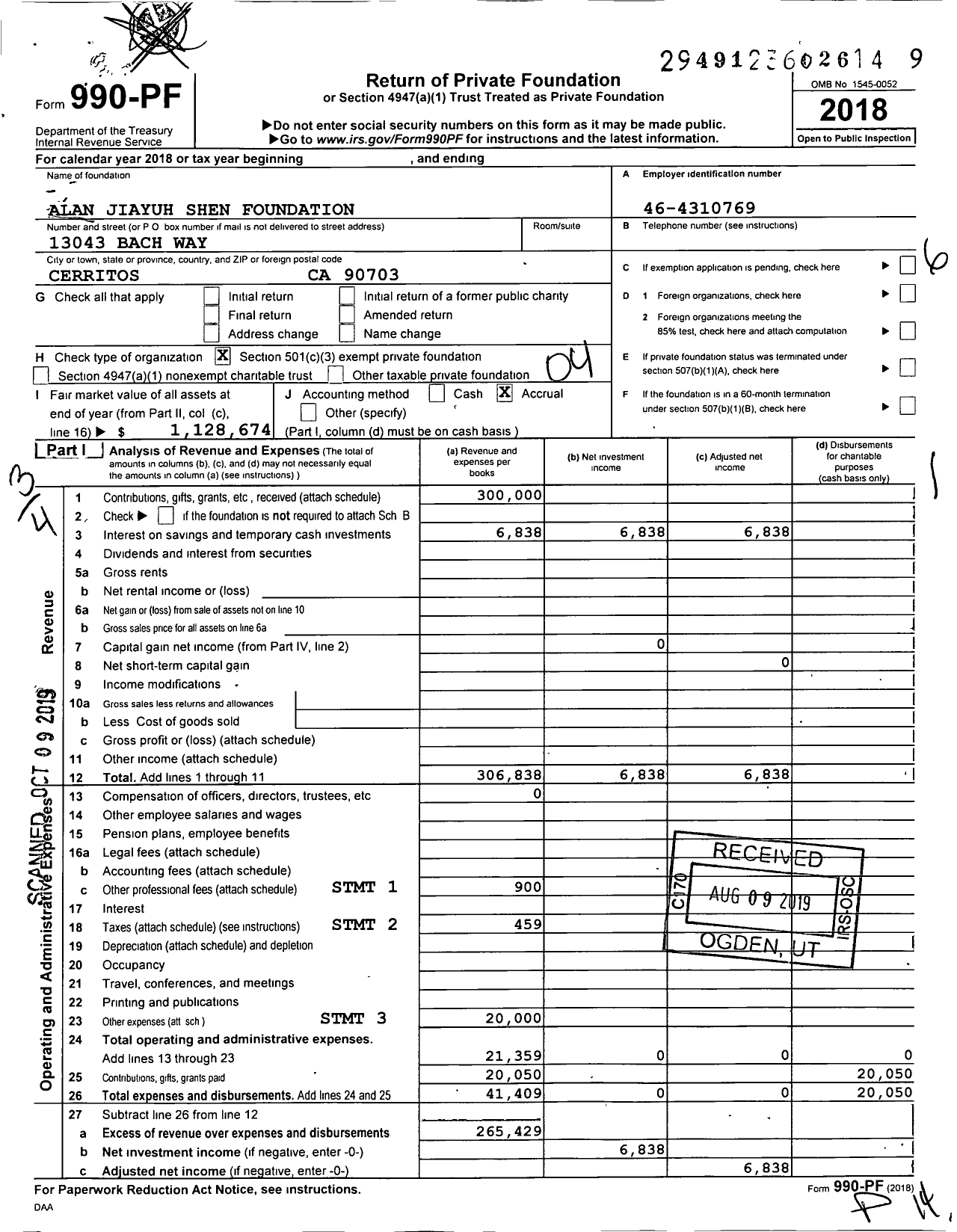 Image of first page of 2018 Form 990PF for Alan Jiayuh Shen Foundation