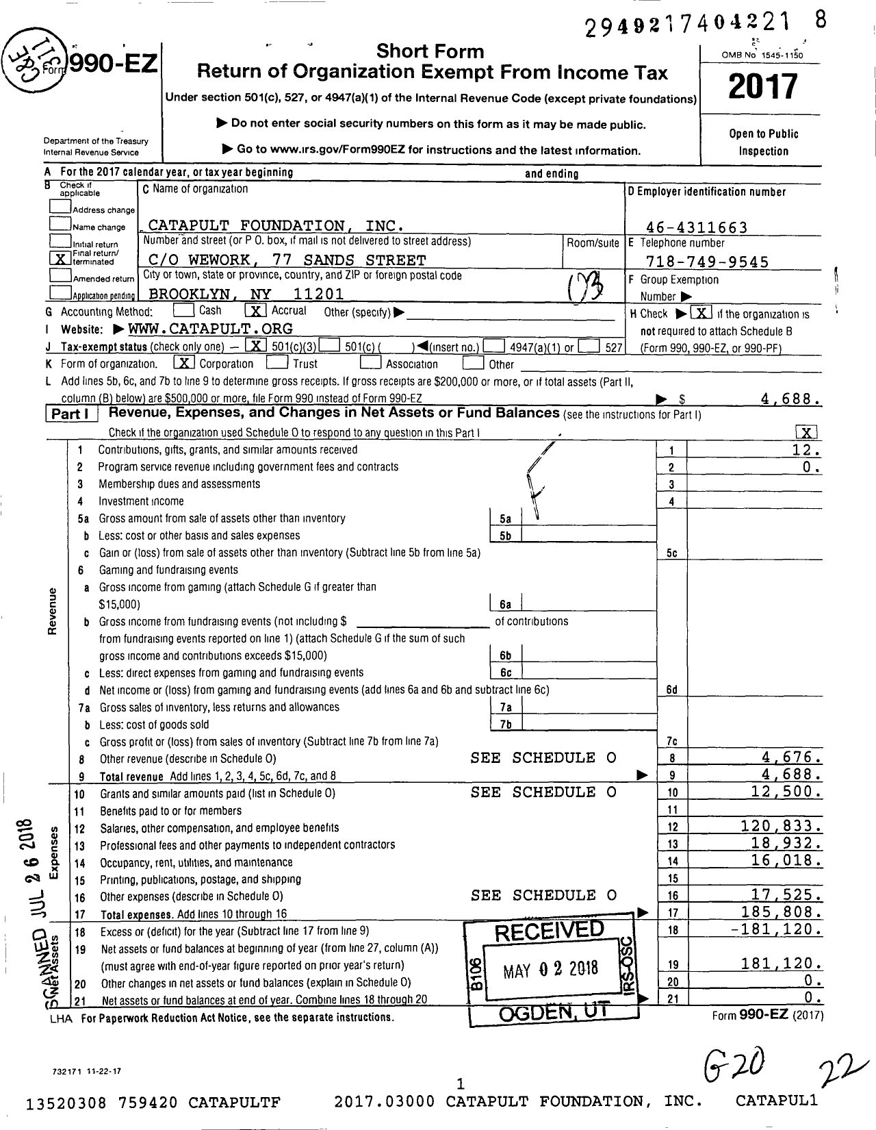 Image of first page of 2017 Form 990EZ for Catapult Foundation