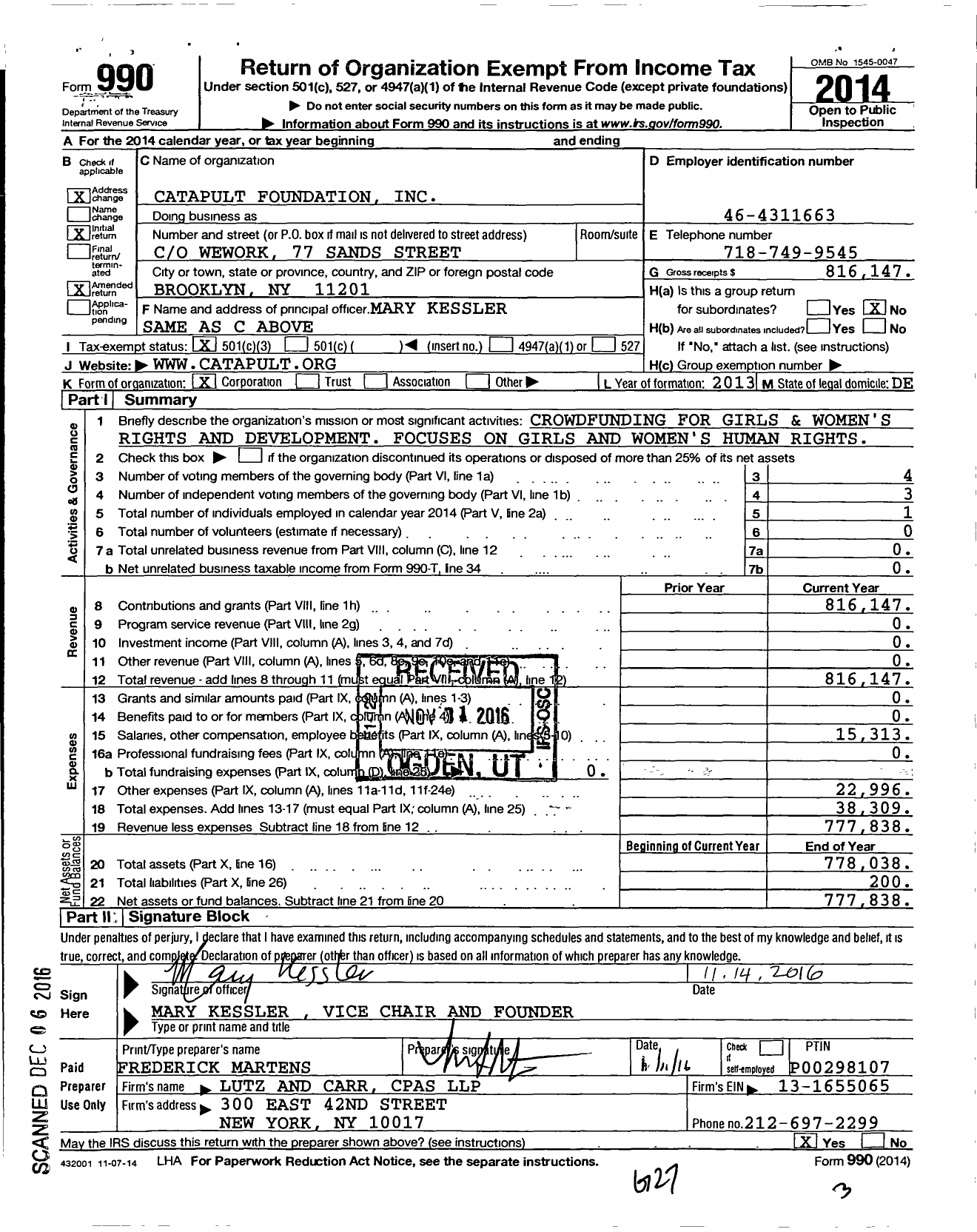 Image of first page of 2014 Form 990 for Catapult Foundation