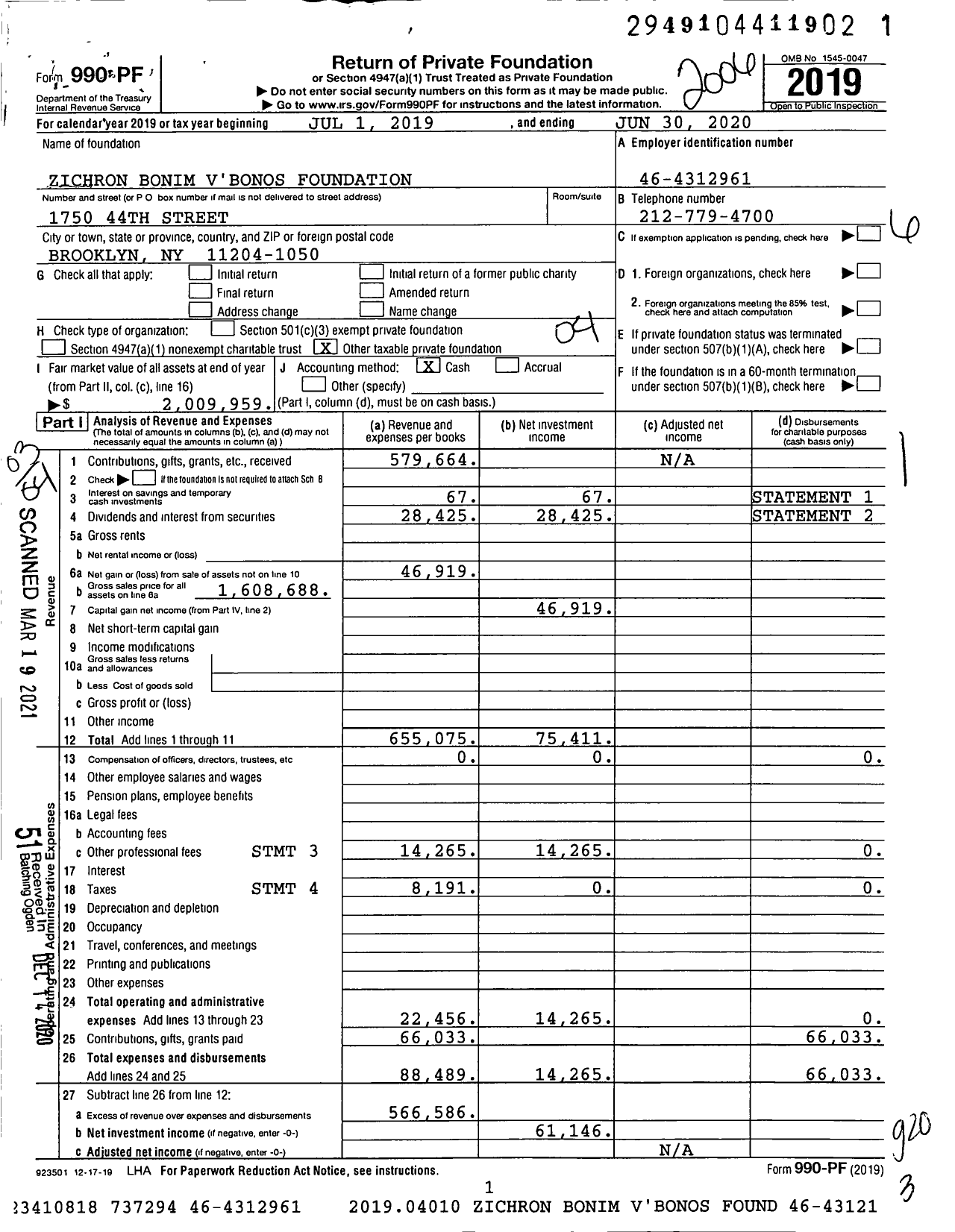 Image of first page of 2019 Form 990PF for Zichron Bonim V'bonos Foundation