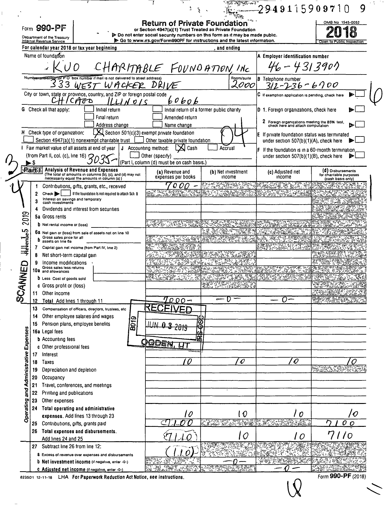 Image of first page of 2018 Form 990PF for Kuo Charitable Foundation