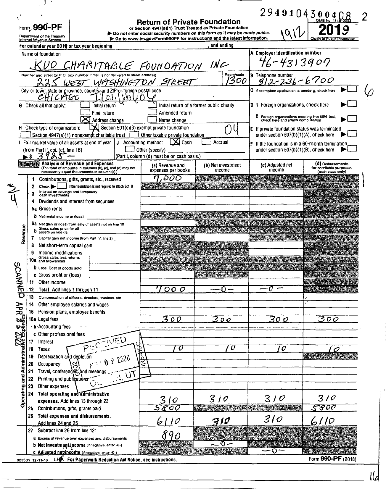 Image of first page of 2019 Form 990PF for Kuo Charitable Foundation