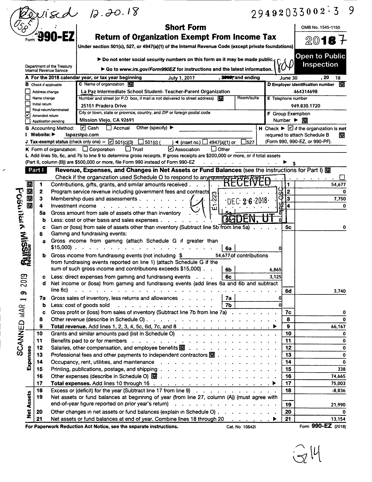 Image of first page of 2017 Form 990EZ for La Paz Intermediate School Student-Teacher-Parent Organization