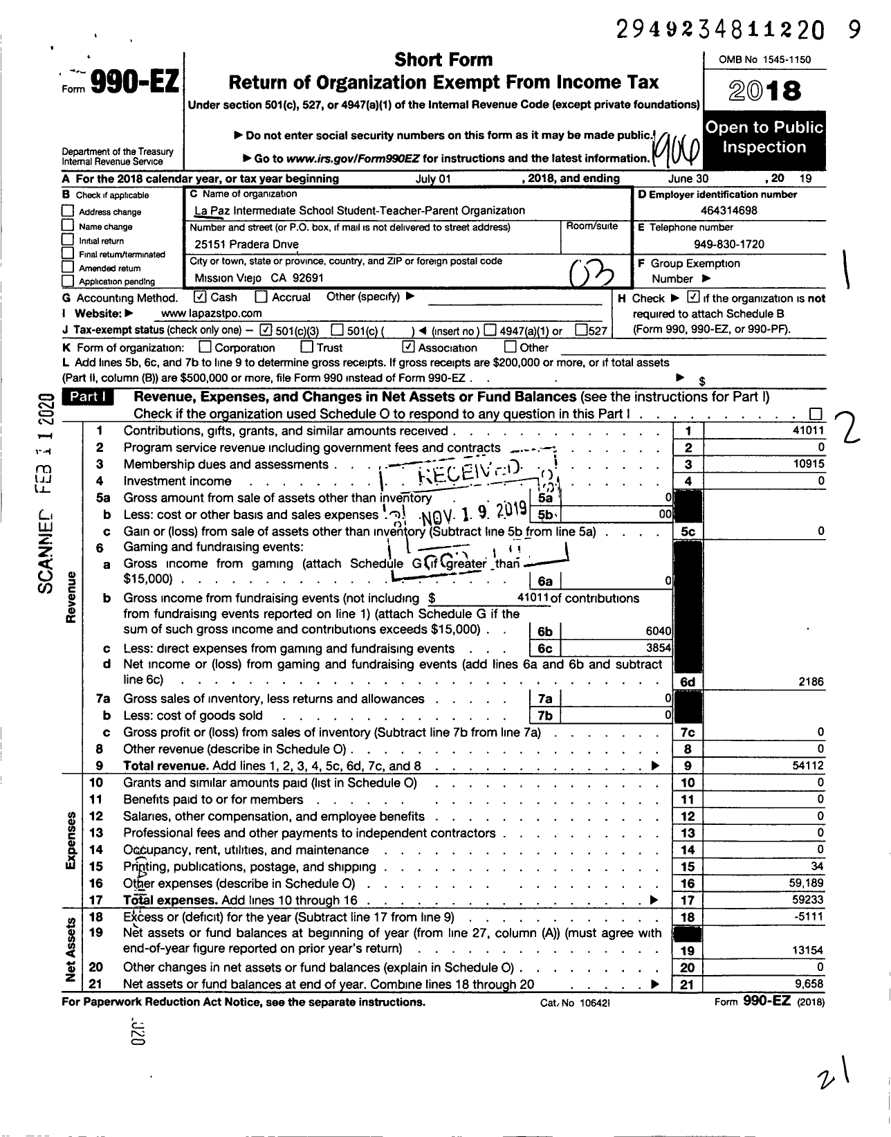 Image of first page of 2018 Form 990EZ for La Paz Intermediate School Student-Teacher-Parent Organization