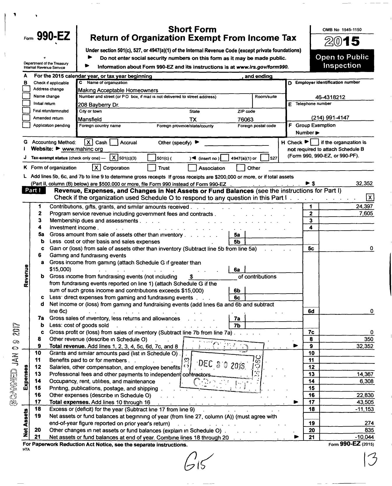 Image of first page of 2015 Form 990EZ for Making Acceptable Homeowners (MAH)