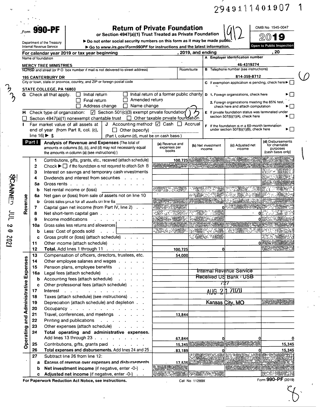 Image of first page of 2019 Form 990PF for Mercy Tree Ministries