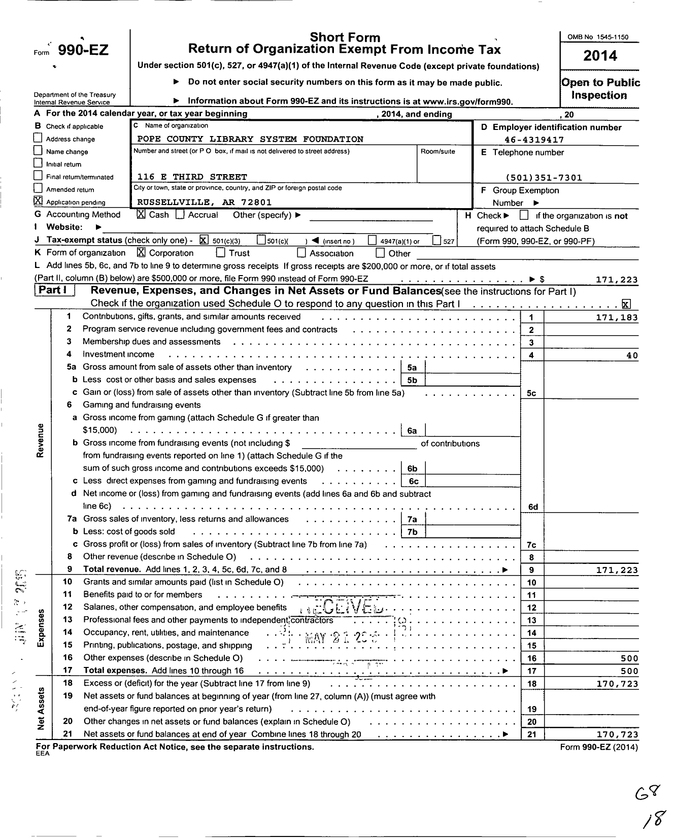 Image of first page of 2014 Form 990EZ for Pope County Library System Foundation