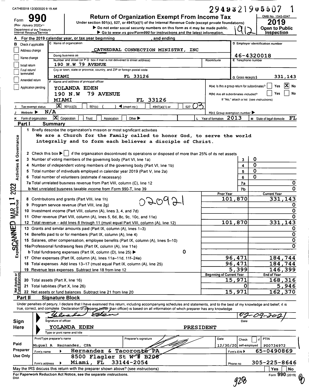 Image of first page of 2019 Form 990 for Cathedral Connection Ministry