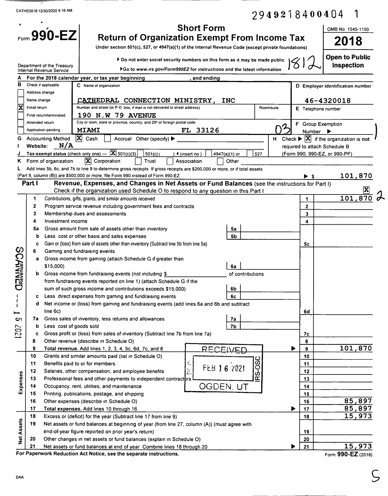 Image of first page of 2018 Form 990EZ for Cathedral Connection Ministry