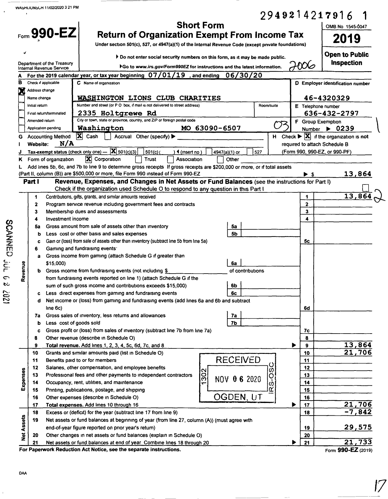 Image of first page of 2019 Form 990EZ for Washington Lions Club Charities