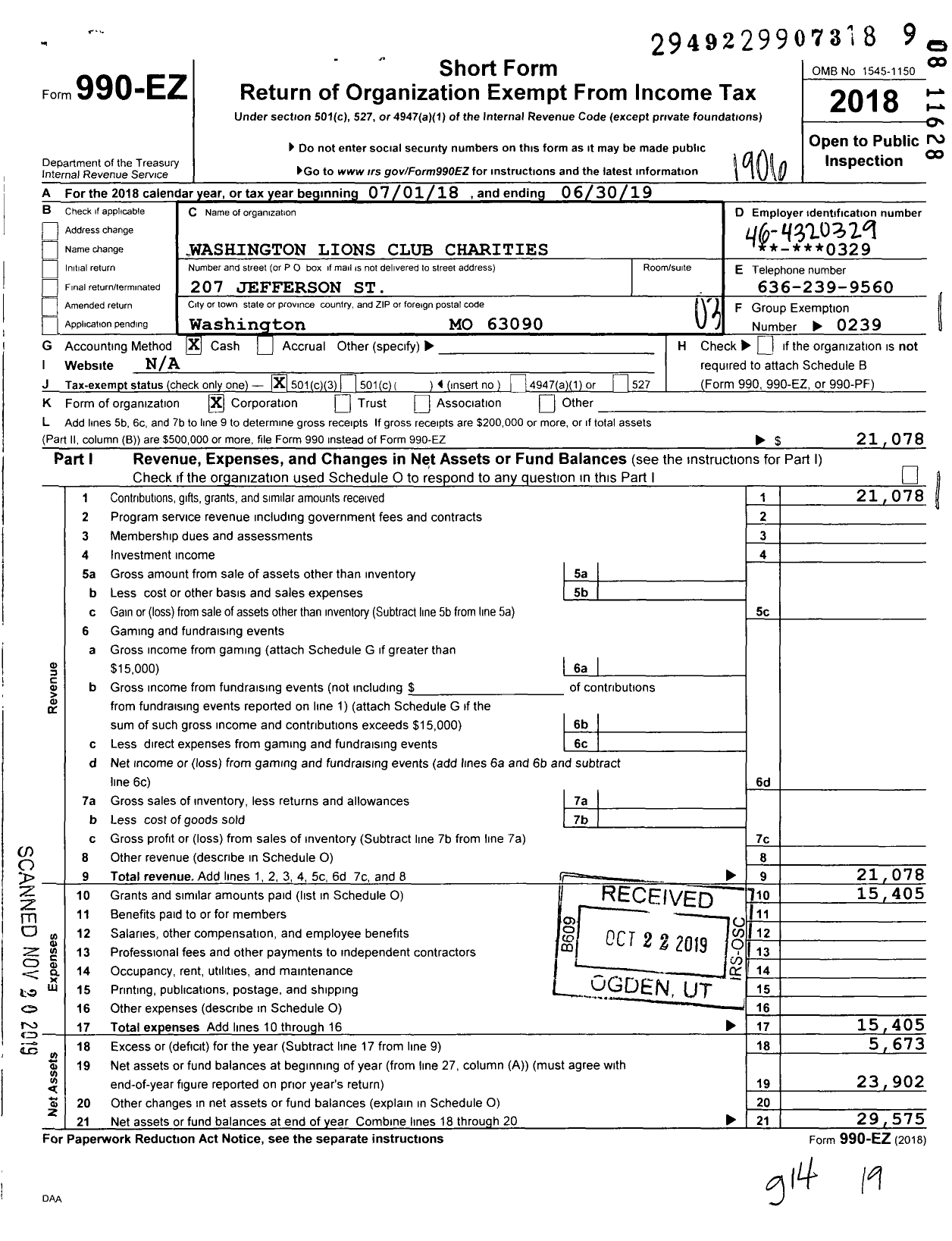 Image of first page of 2018 Form 990EZ for Washington Lions Club Charities
