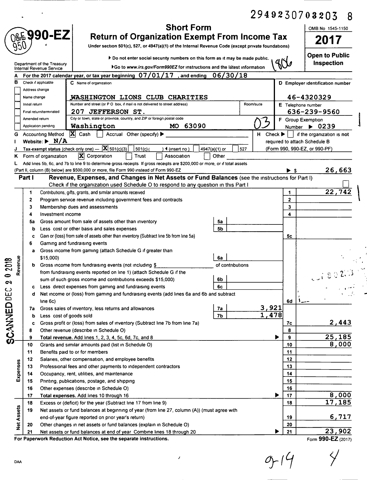 Image of first page of 2017 Form 990EZ for Washington Lions Club Charities