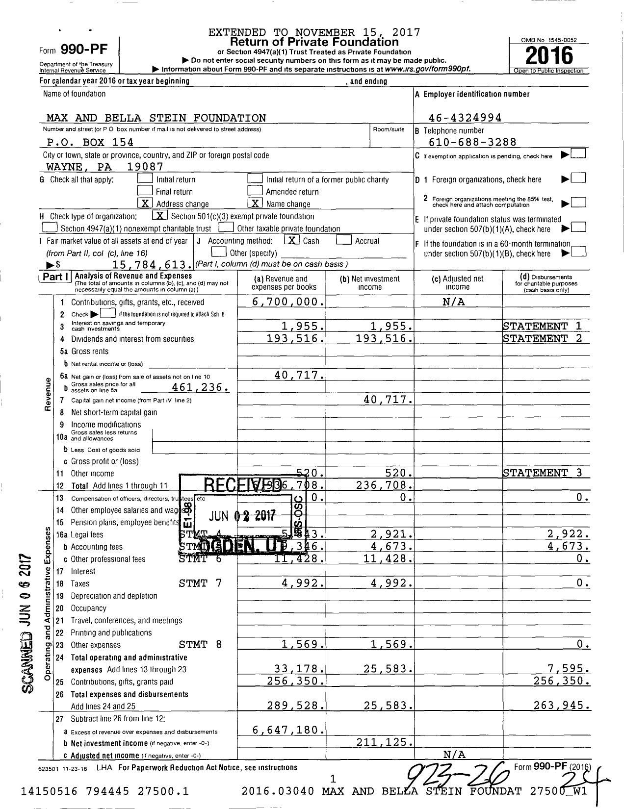 Image of first page of 2016 Form 990PF for Max and Bella Stein Foundation