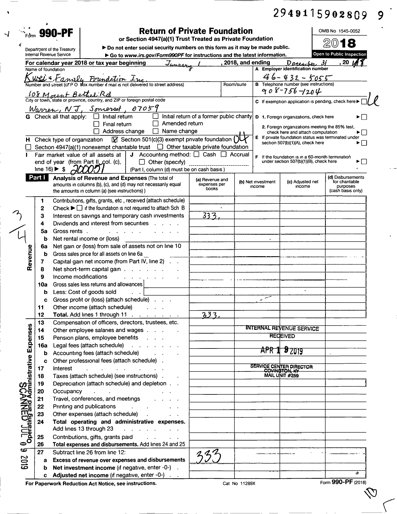 Image of first page of 2018 Form 990PF for Kwei Family Foundation