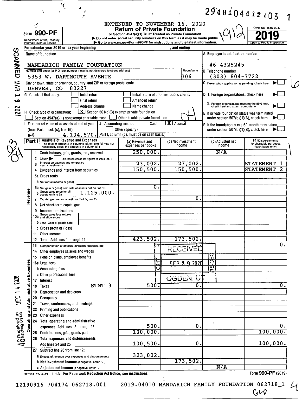 Image of first page of 2019 Form 990PF for Mandarich Family Foundation