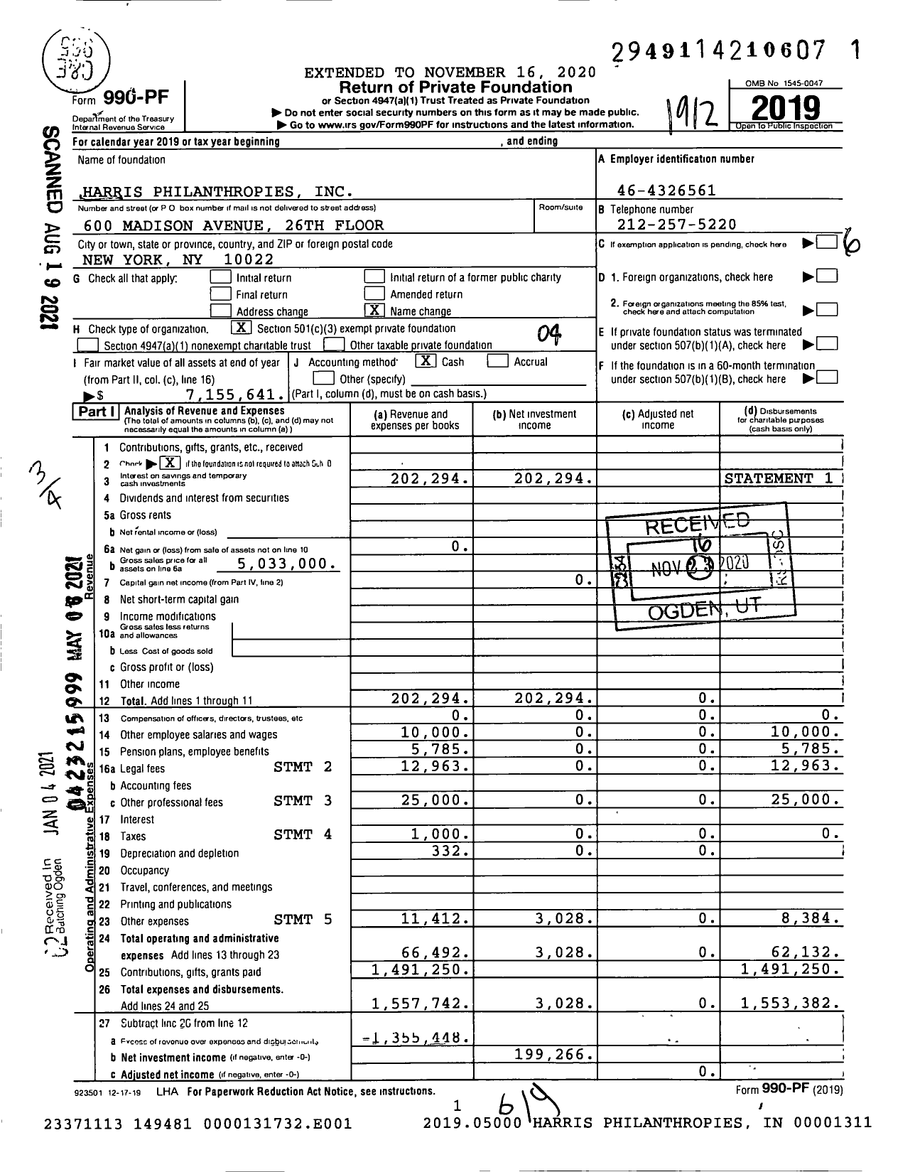 Image of first page of 2019 Form 990PF for Harris Philanthropies