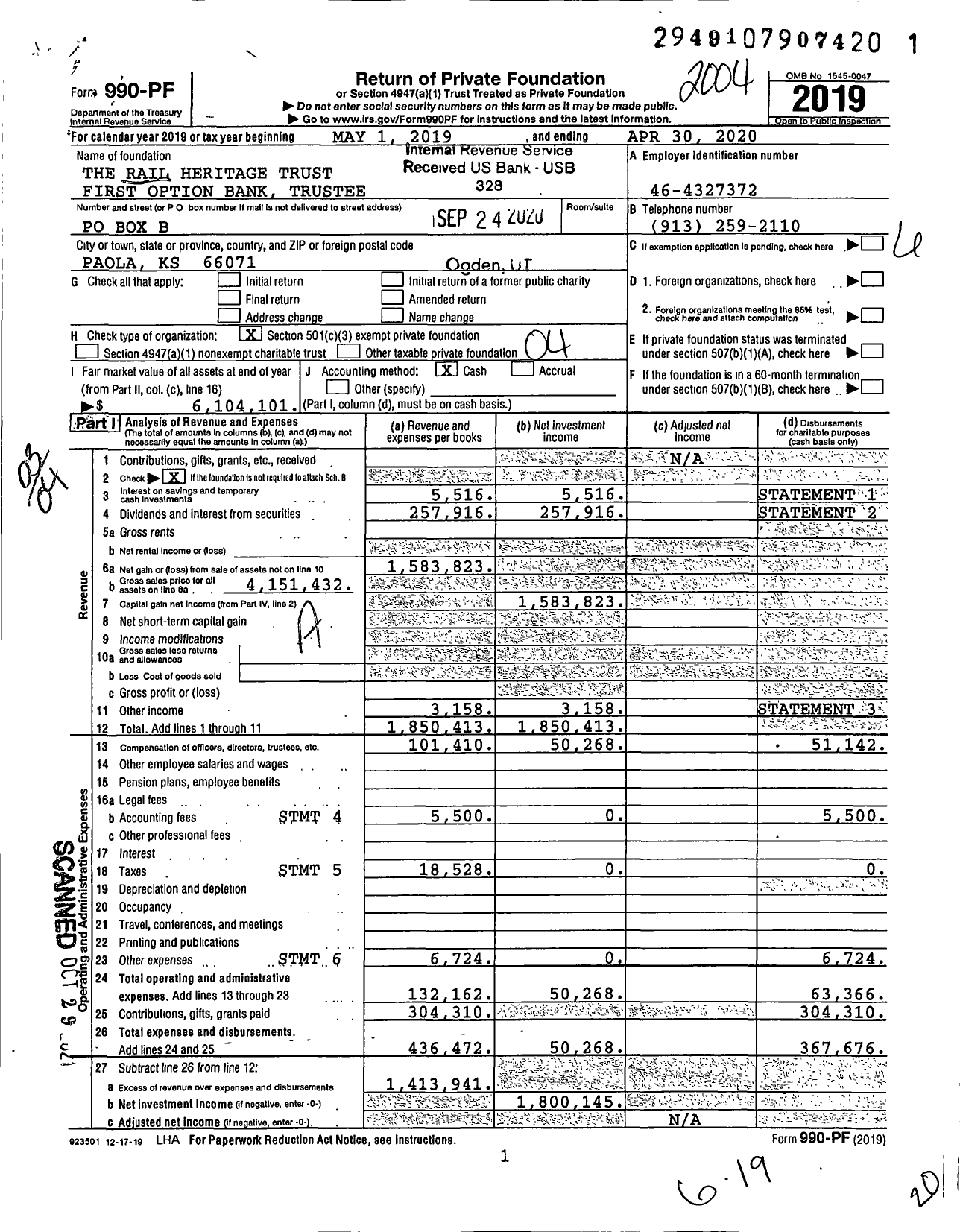 Image of first page of 2019 Form 990PF for The Rail Heritage Trust First Option Bank Trustee