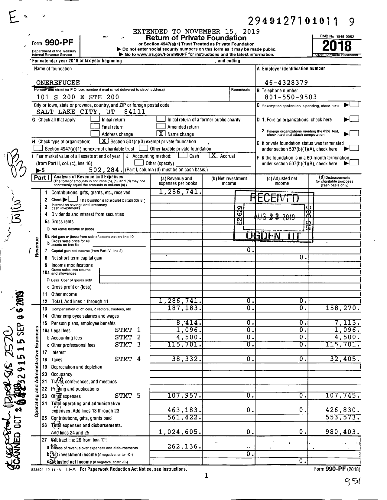 Image of first page of 2018 Form 990PF for Onerefugee