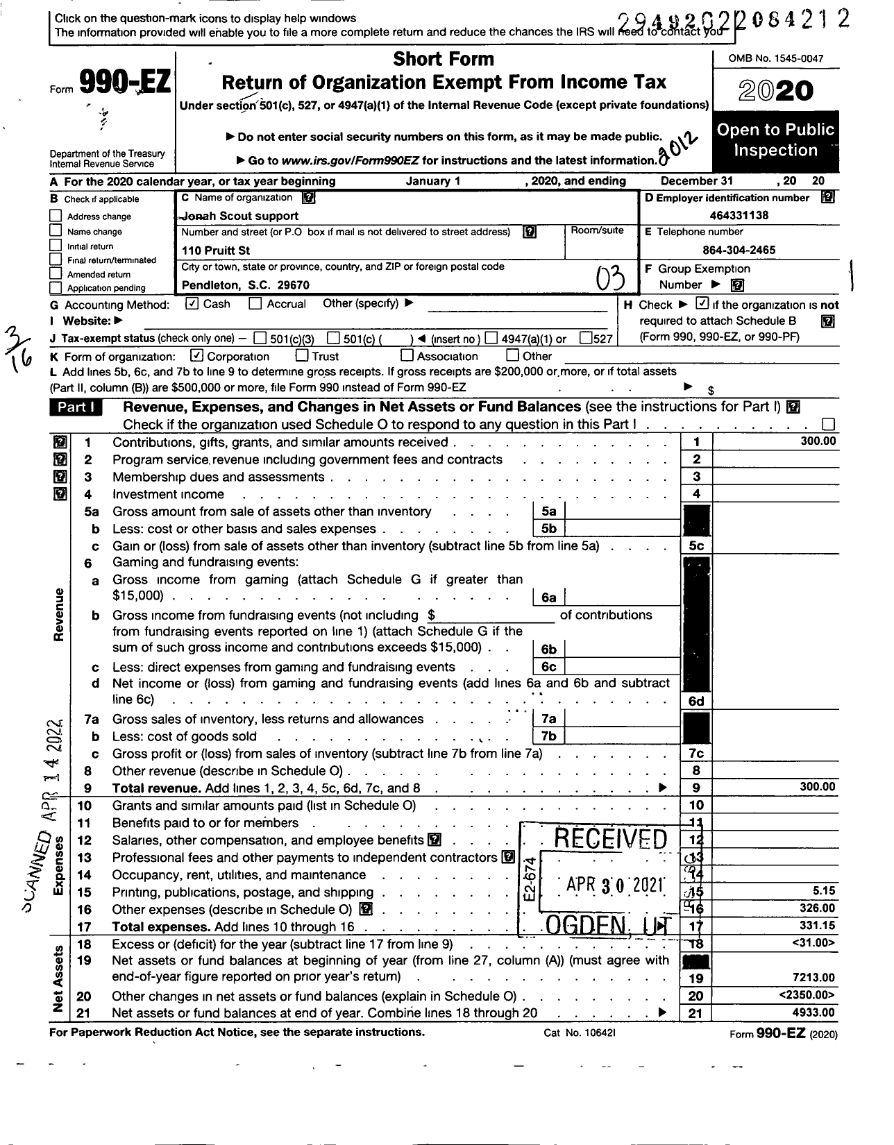 Image of first page of 2020 Form 990EZ for Jonah Scout Support