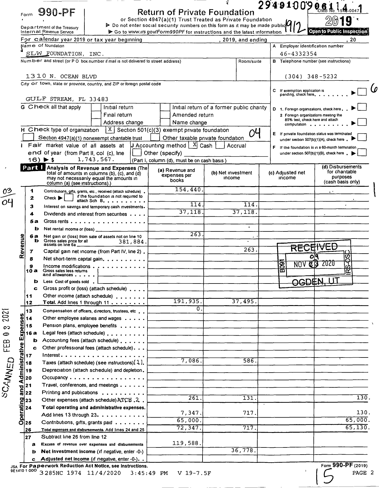 Image of first page of 2019 Form 990PF for SLW Foundation