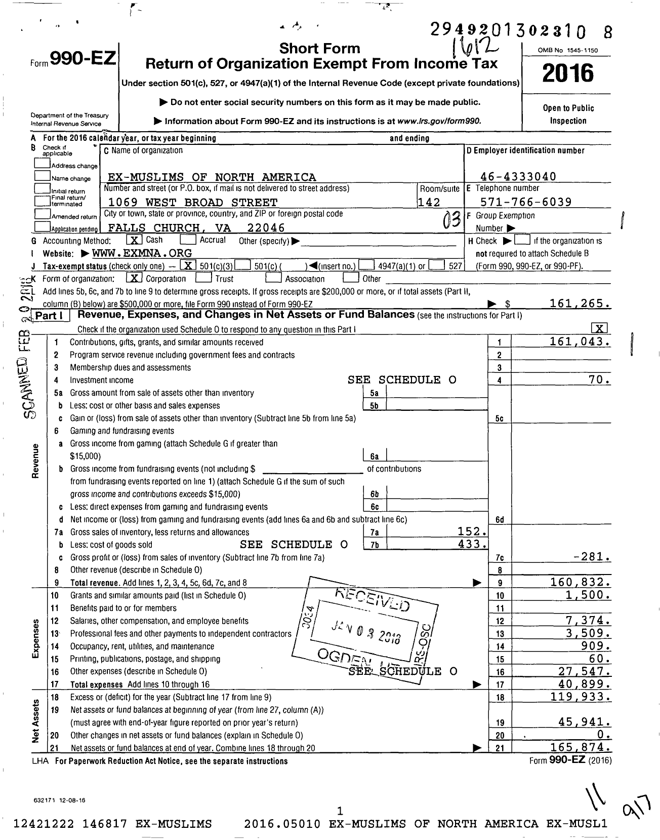 Image of first page of 2016 Form 990EZ for Ex-Muslims of North America