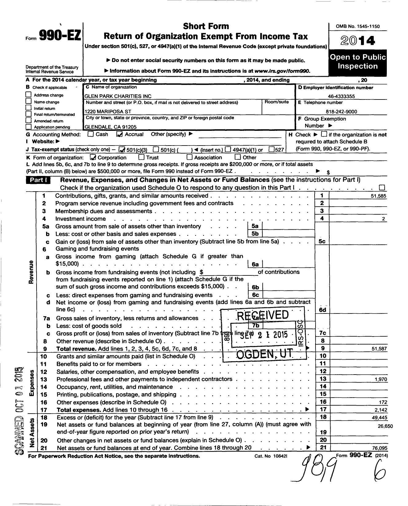 Image of first page of 2014 Form 990EZ for Glen Park Charites