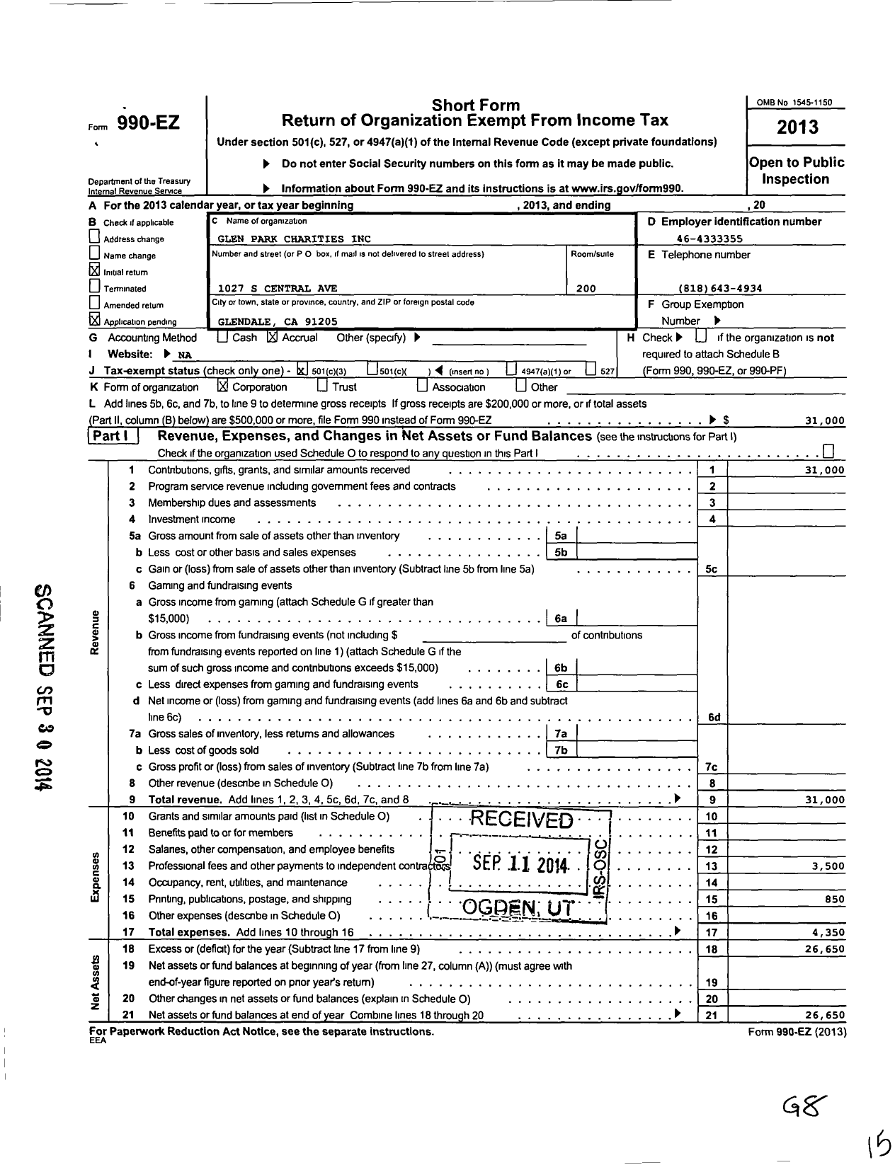 Image of first page of 2013 Form 990EZ for Glen Park Charites