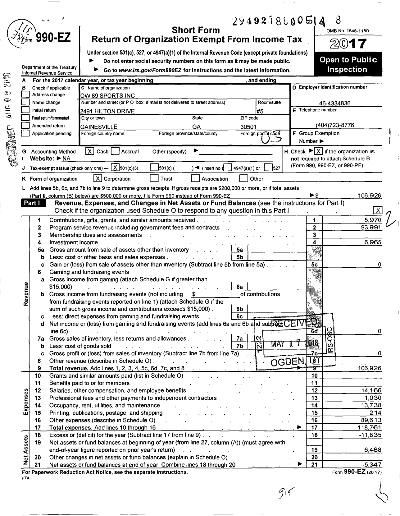 Image of first page of 2017 Form 990EZ for Ow 89 Sports