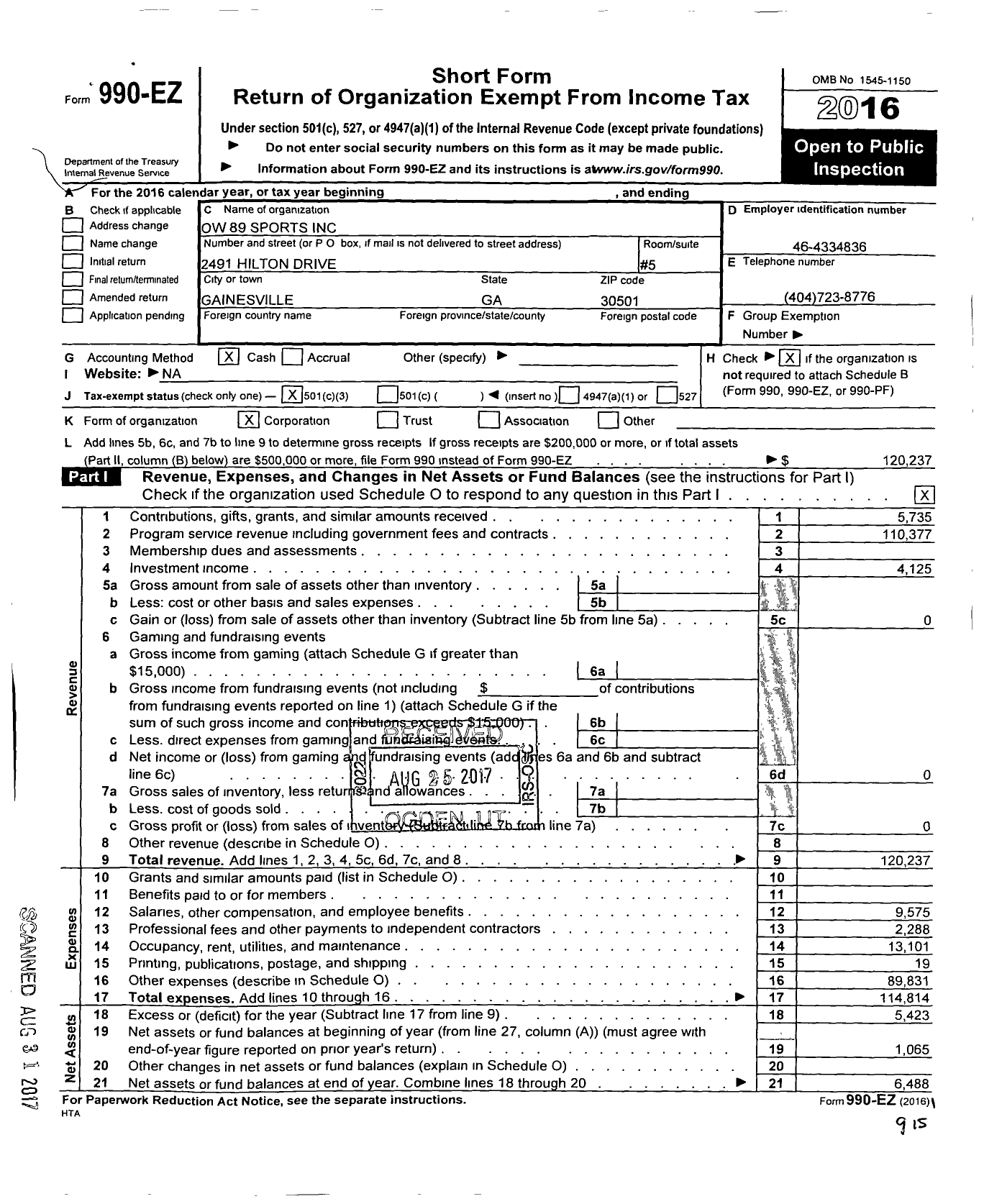 Image of first page of 2016 Form 990EZ for Ow 89 Sports