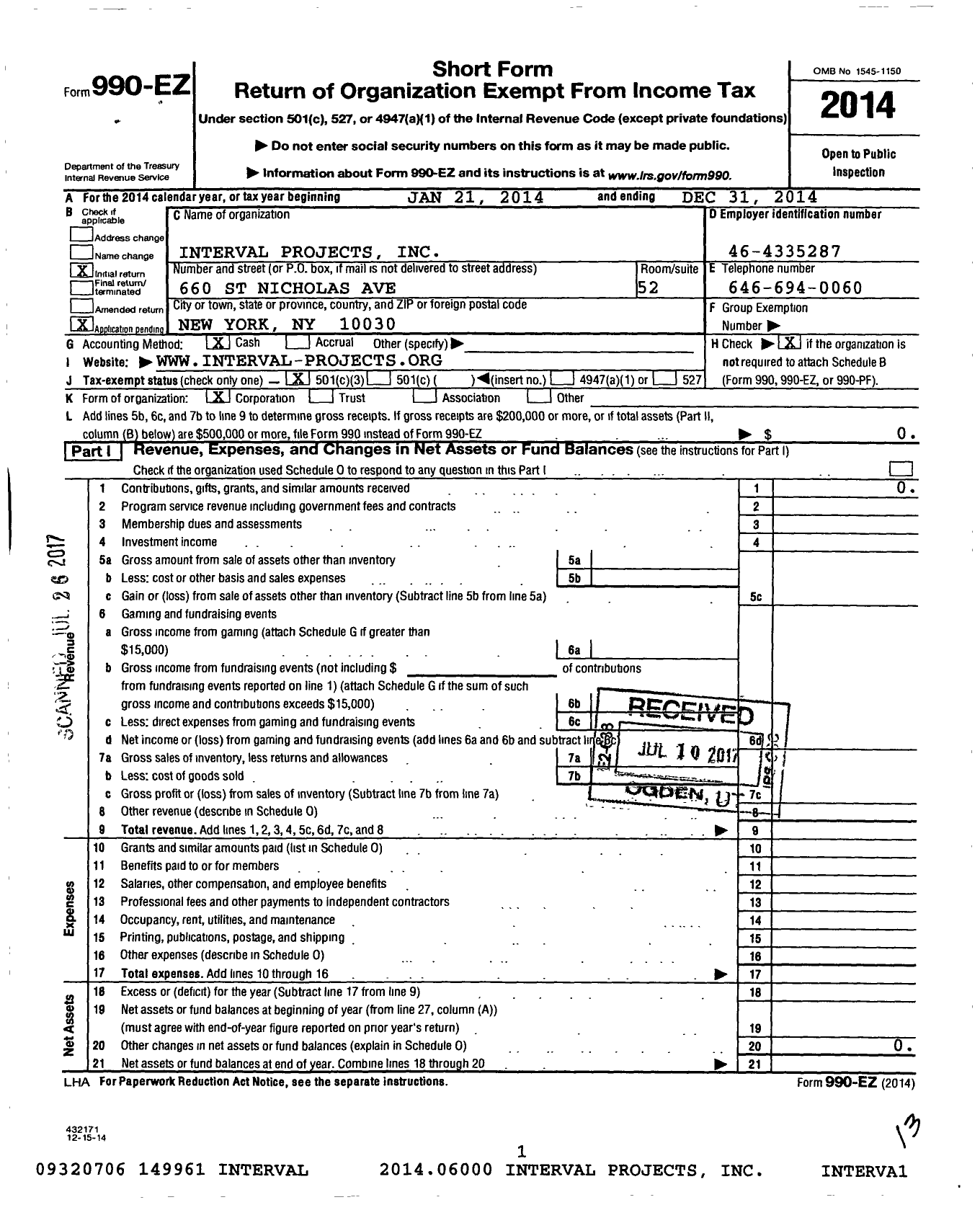 Image of first page of 2014 Form 990EZ for Interval Projects