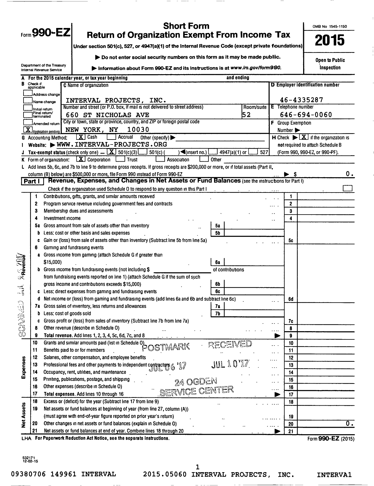 Image of first page of 2015 Form 990EZ for Interval Projects