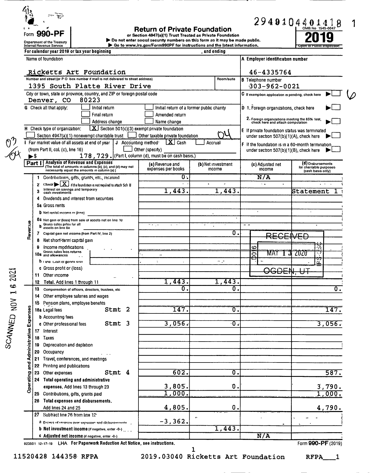 Image of first page of 2019 Form 990PF for Ricketts Art Foundation