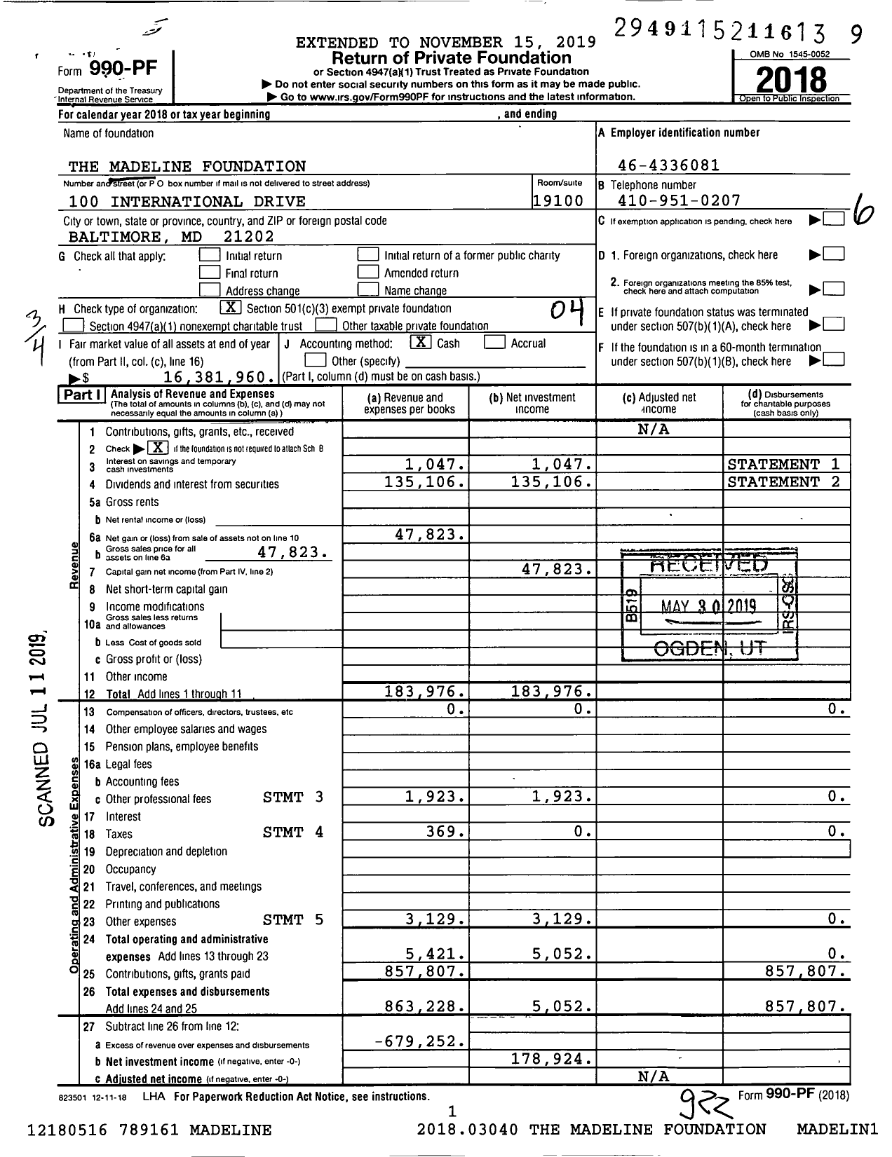 Image of first page of 2018 Form 990PF for The Madeline Foundation