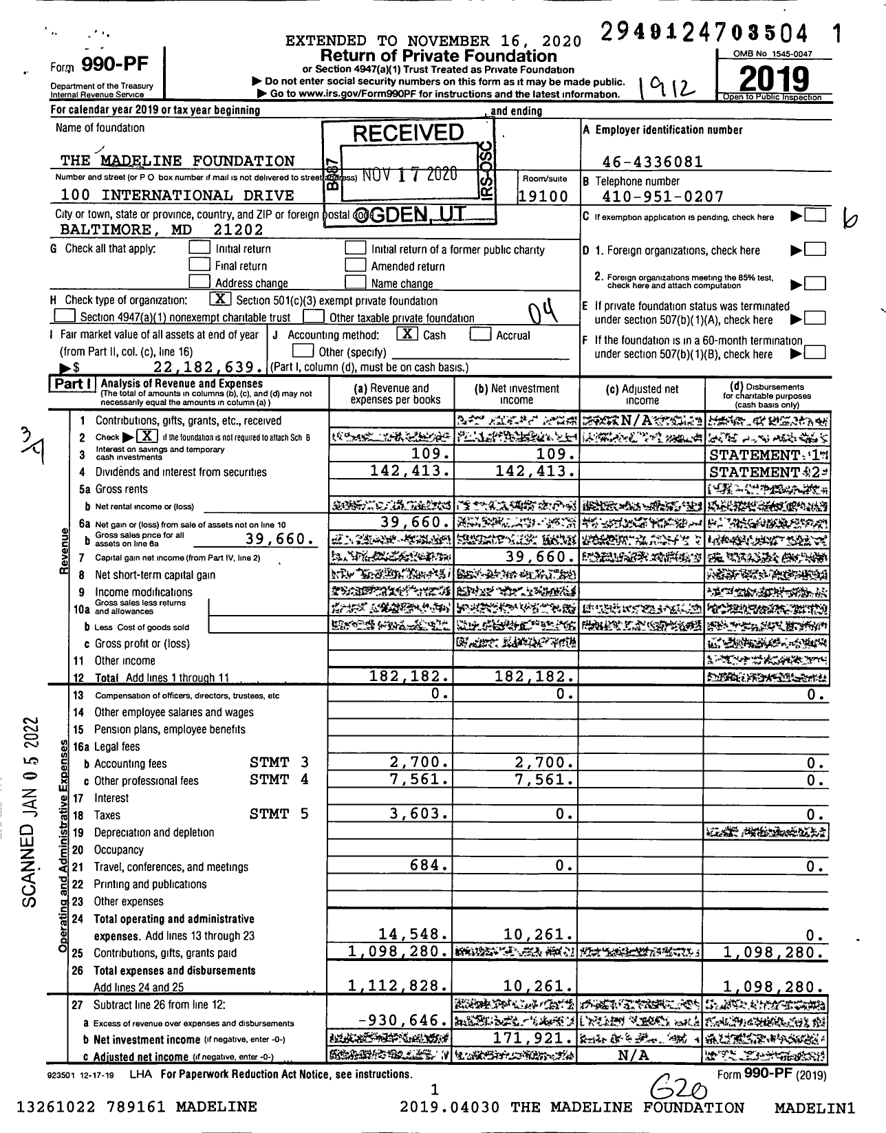 Image of first page of 2019 Form 990PF for The Madeline Foundation