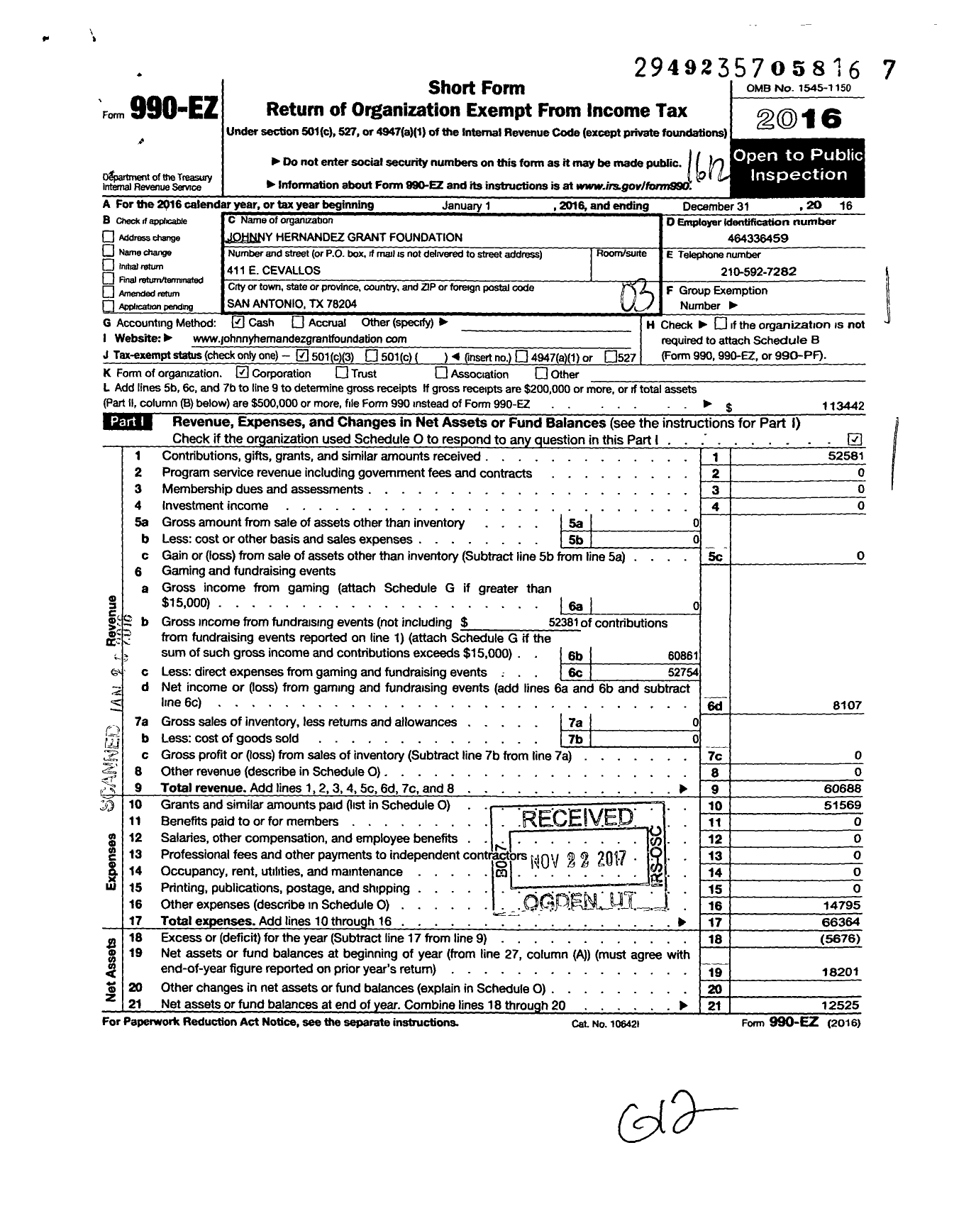 Image of first page of 2016 Form 990EZ for Johnny Hernandez Grant Foundation