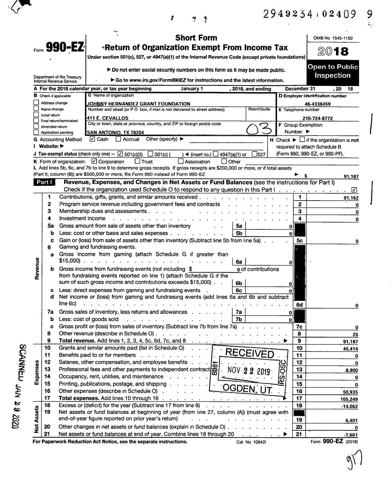 Image of first page of 2018 Form 990EZ for Johnny Hernandez Grant Foundation