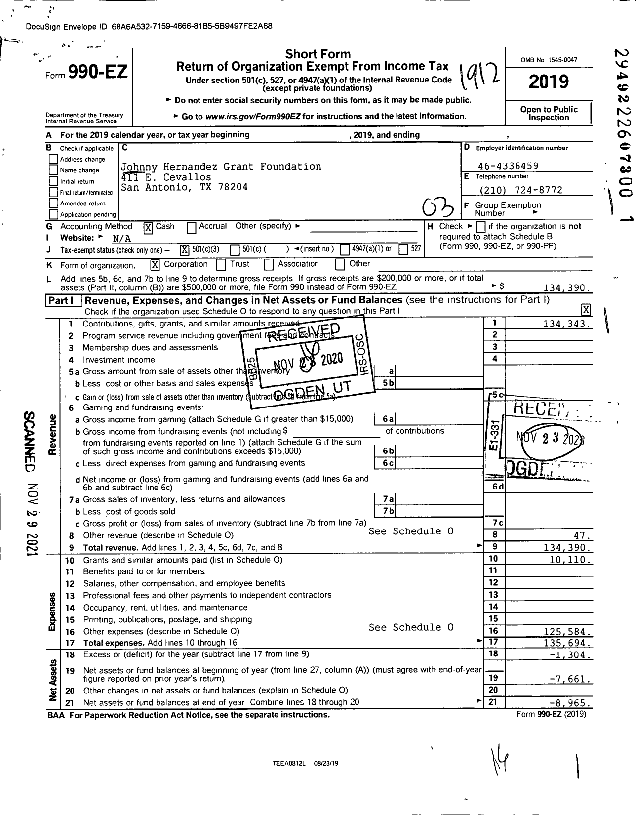 Image of first page of 2019 Form 990EZ for Johnny Hernandez Grant Foundation