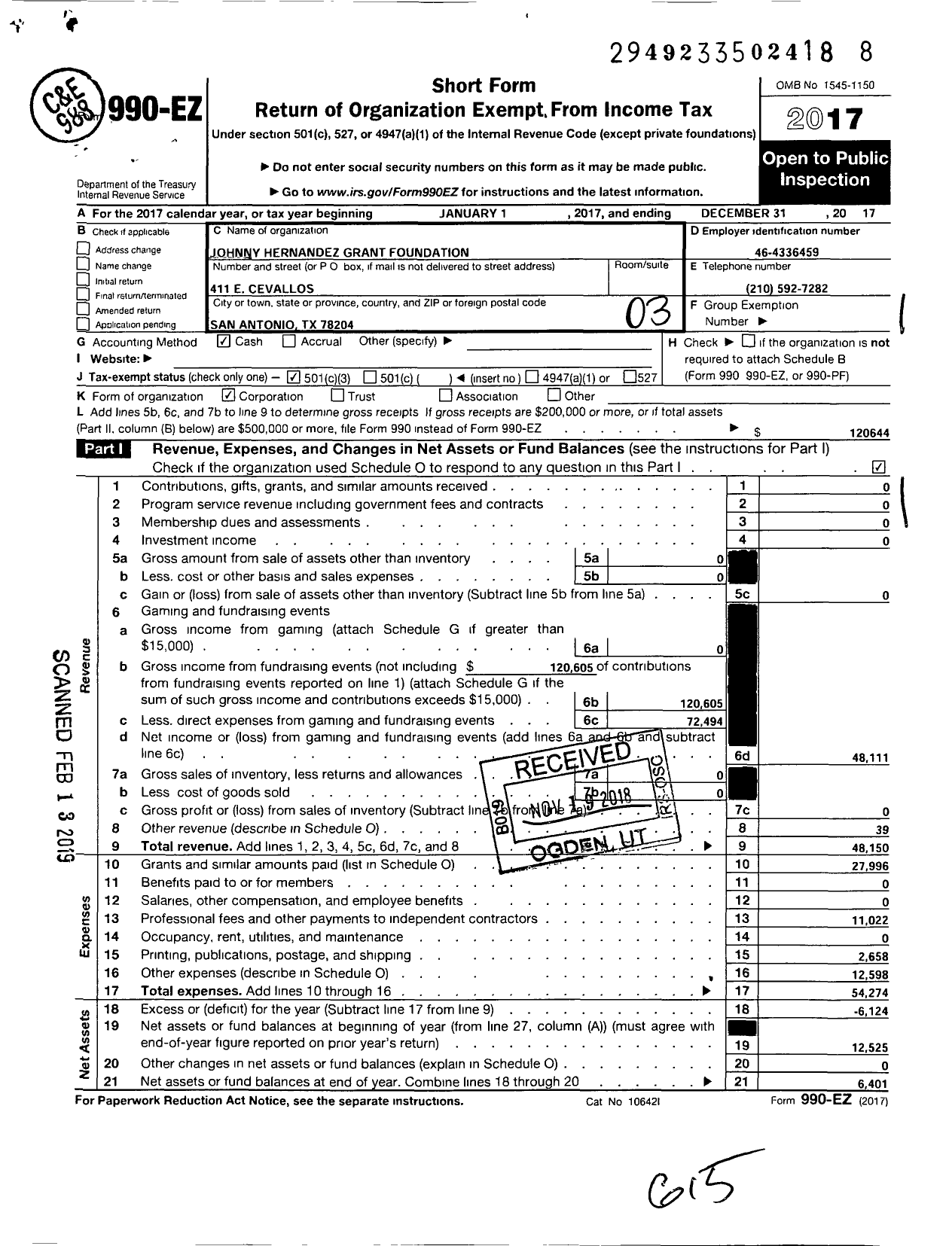 Image of first page of 2017 Form 990EZ for Johnny Hernandez Grant Foundation