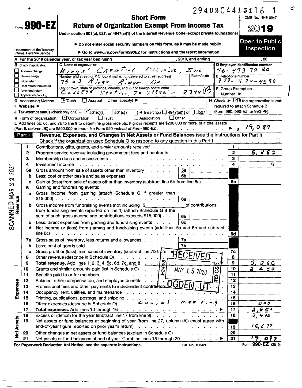 Image of first page of 2019 Form 990EZ for Kings Creative Alliance