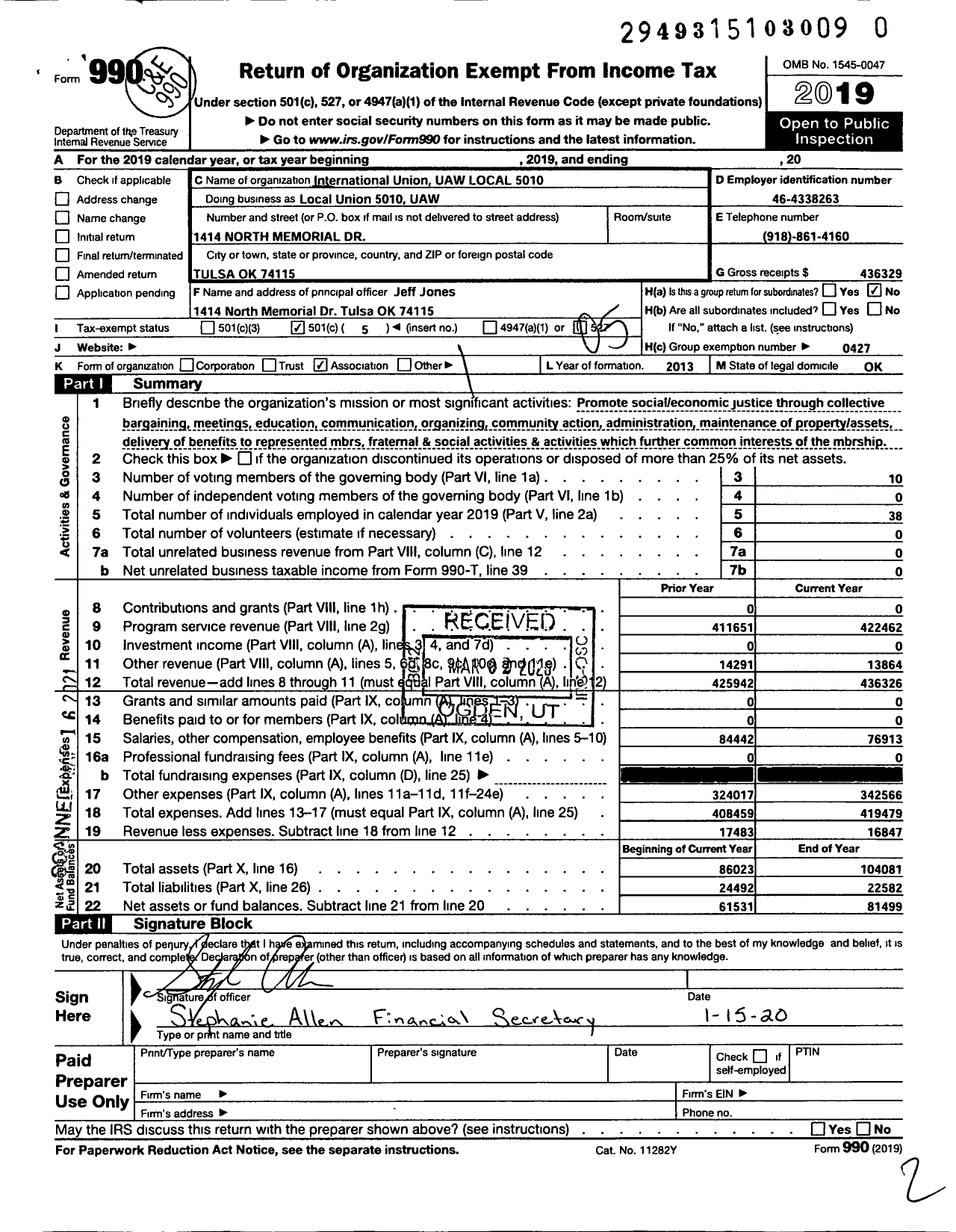 Image of first page of 2019 Form 990O for UAW - Local Union 5010 UAW