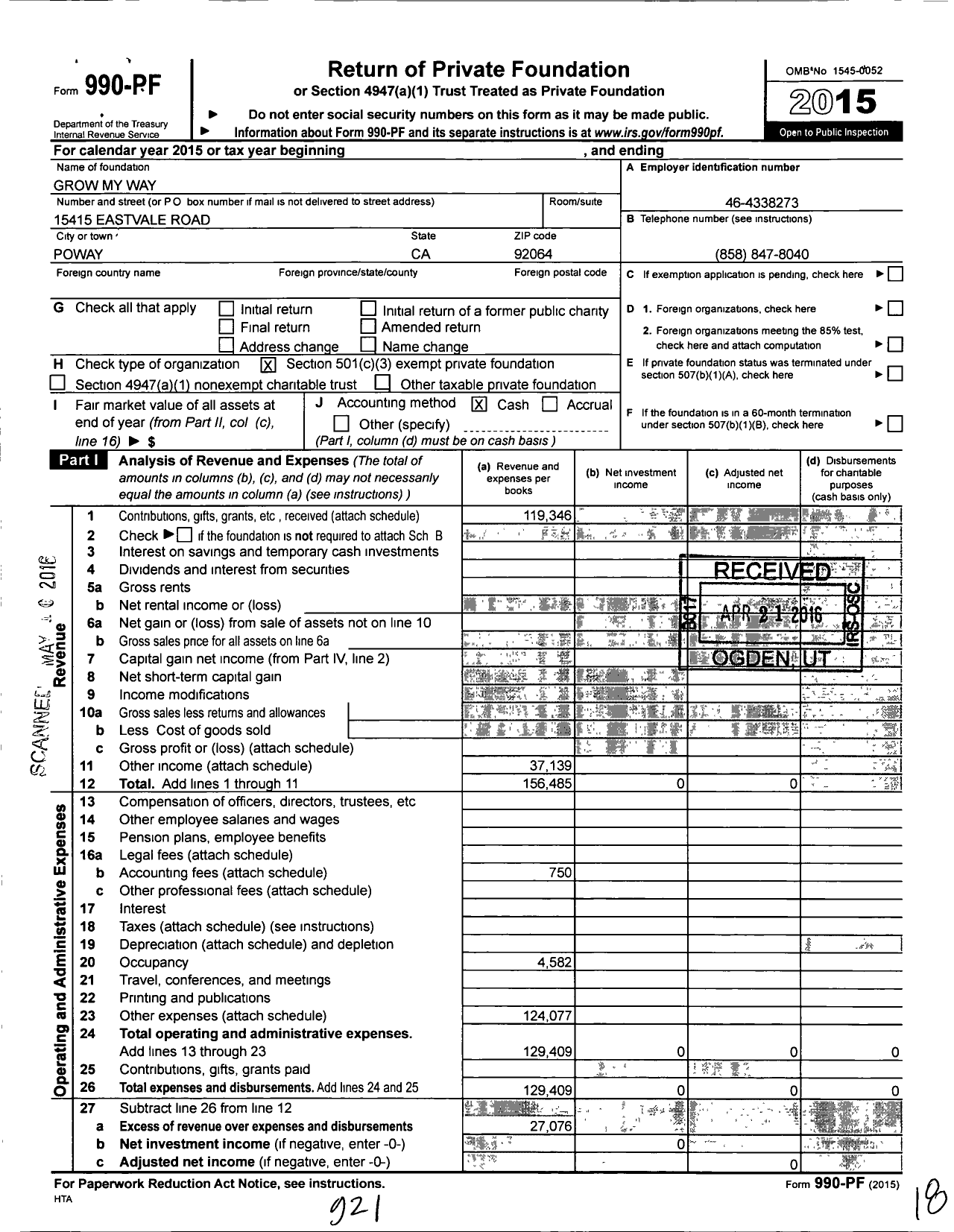 Image of first page of 2015 Form 990PF for Grow My Way