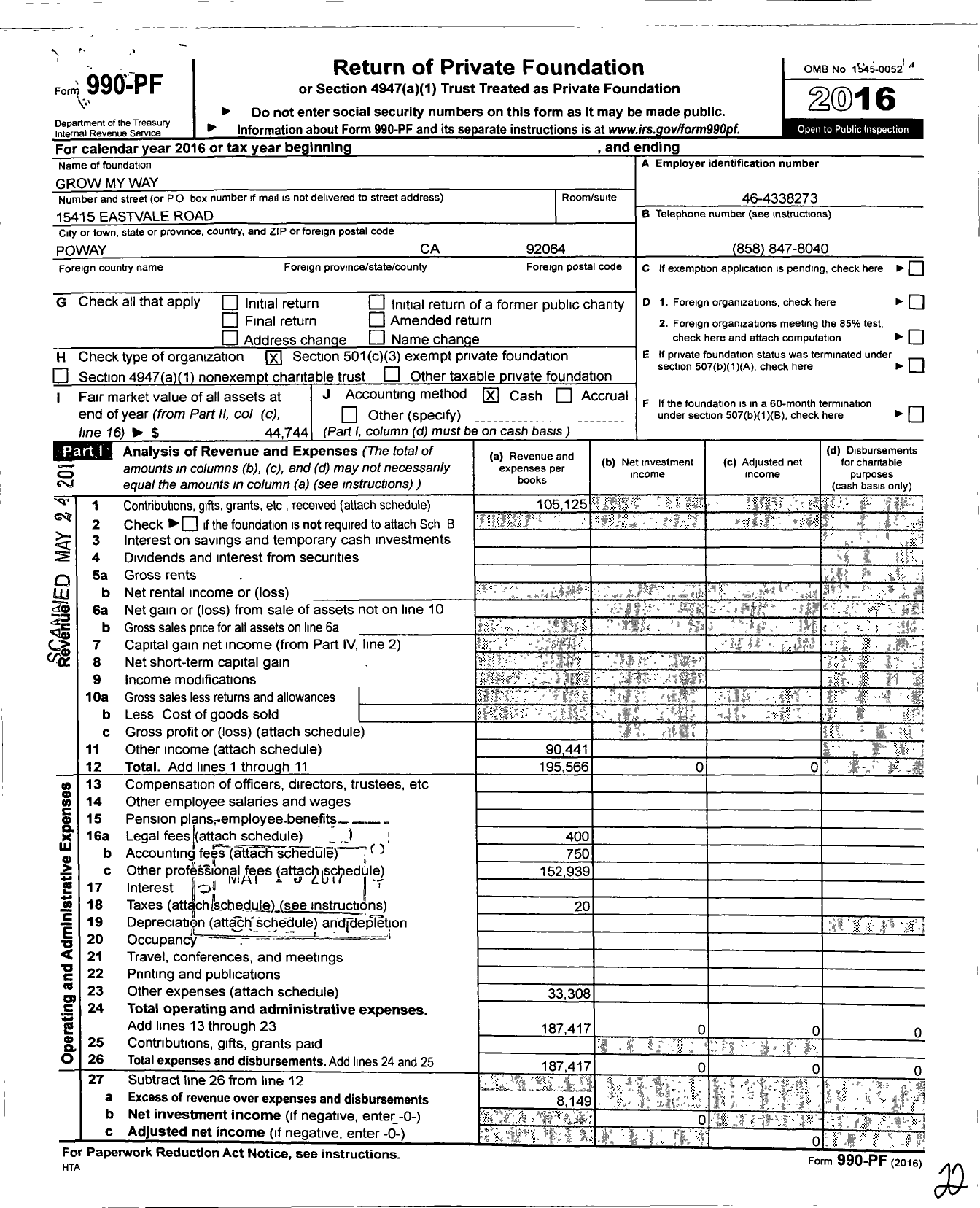 Image of first page of 2016 Form 990PF for Grow My Way