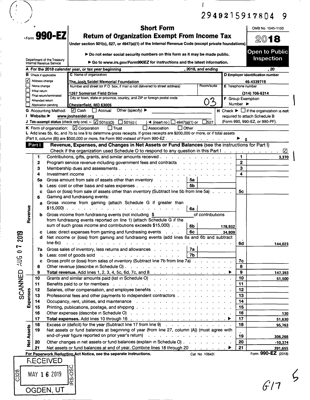 Image of first page of 2018 Form 990EZ for Josh Seidel Memorial Foundation