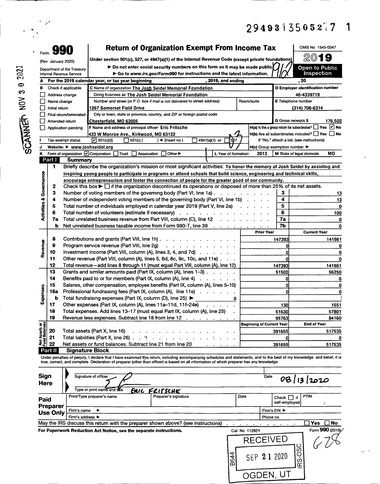 Image of first page of 2019 Form 990 for Josh Seidel Memorial Foundation