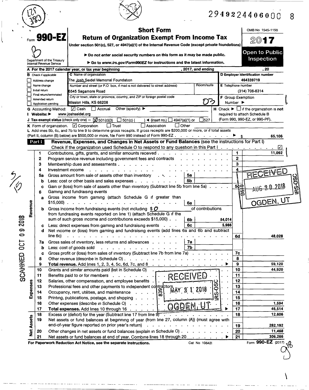 Image of first page of 2017 Form 990EZ for Josh Seidel Memorial Foundation