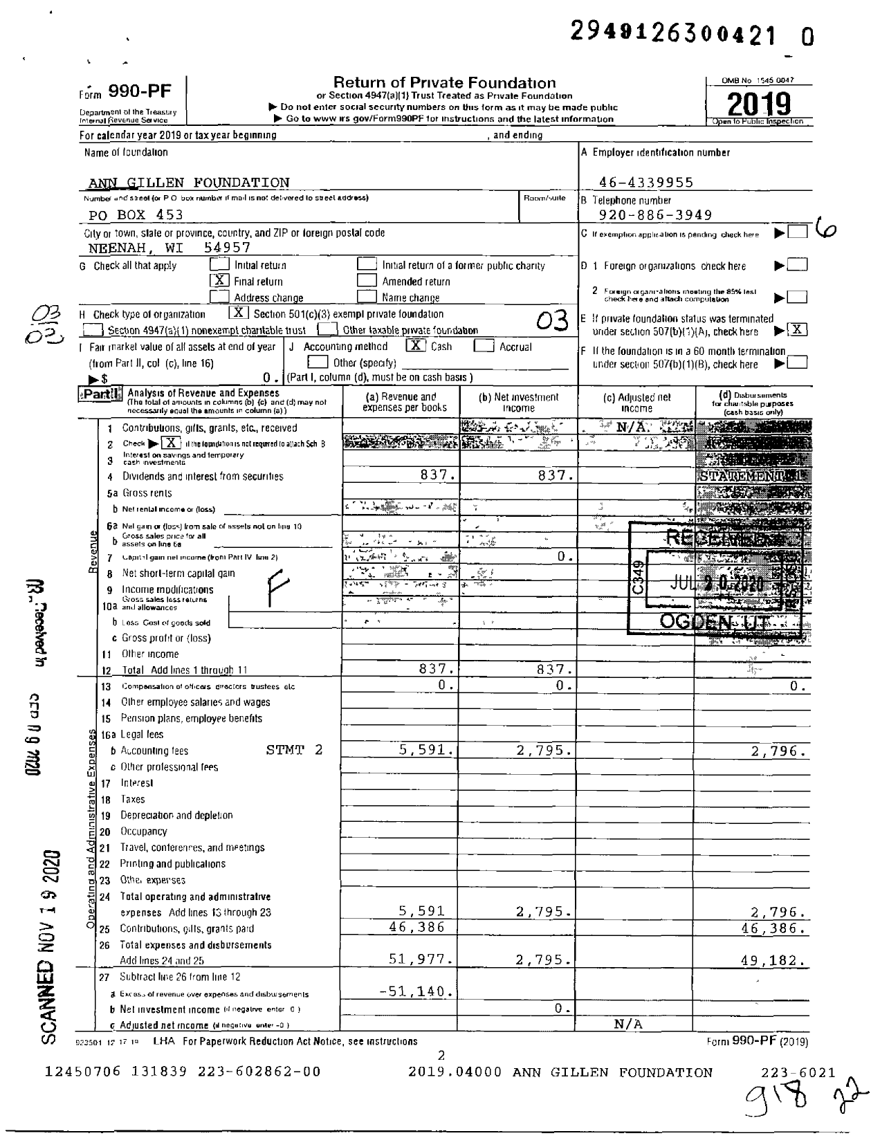 Image of first page of 2019 Form 990PF for Ann Gillen Foundation