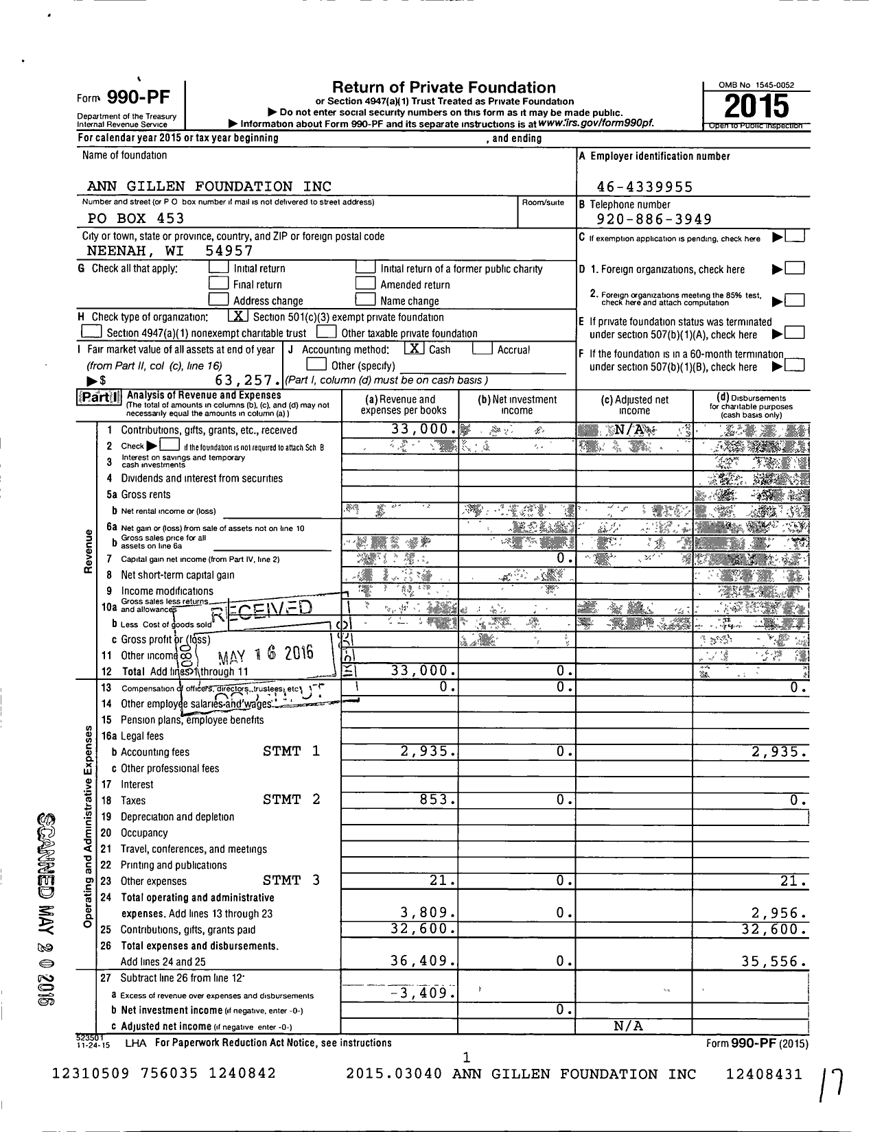 Image of first page of 2015 Form 990PF for Ann Gillen Foundation