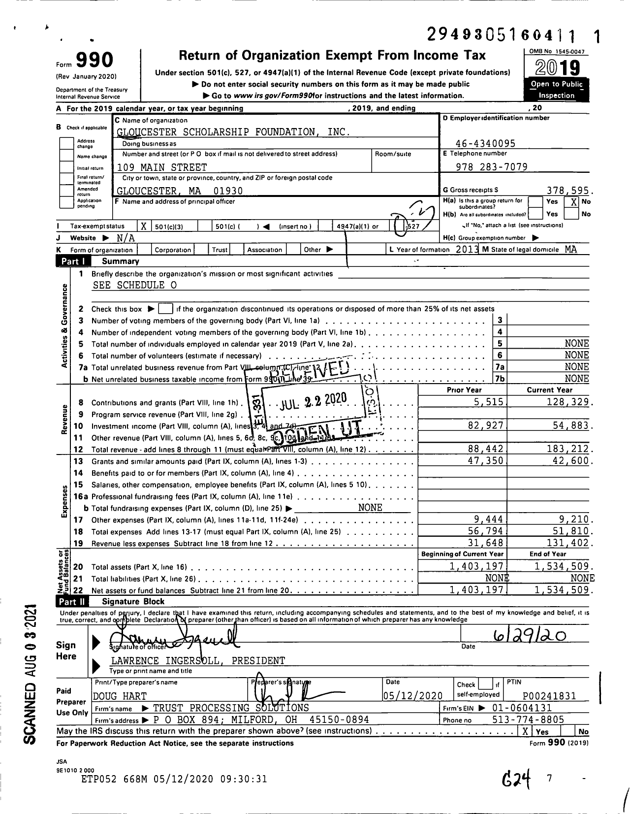 Image of first page of 2019 Form 990 for Gloucester Scholarship Foundation