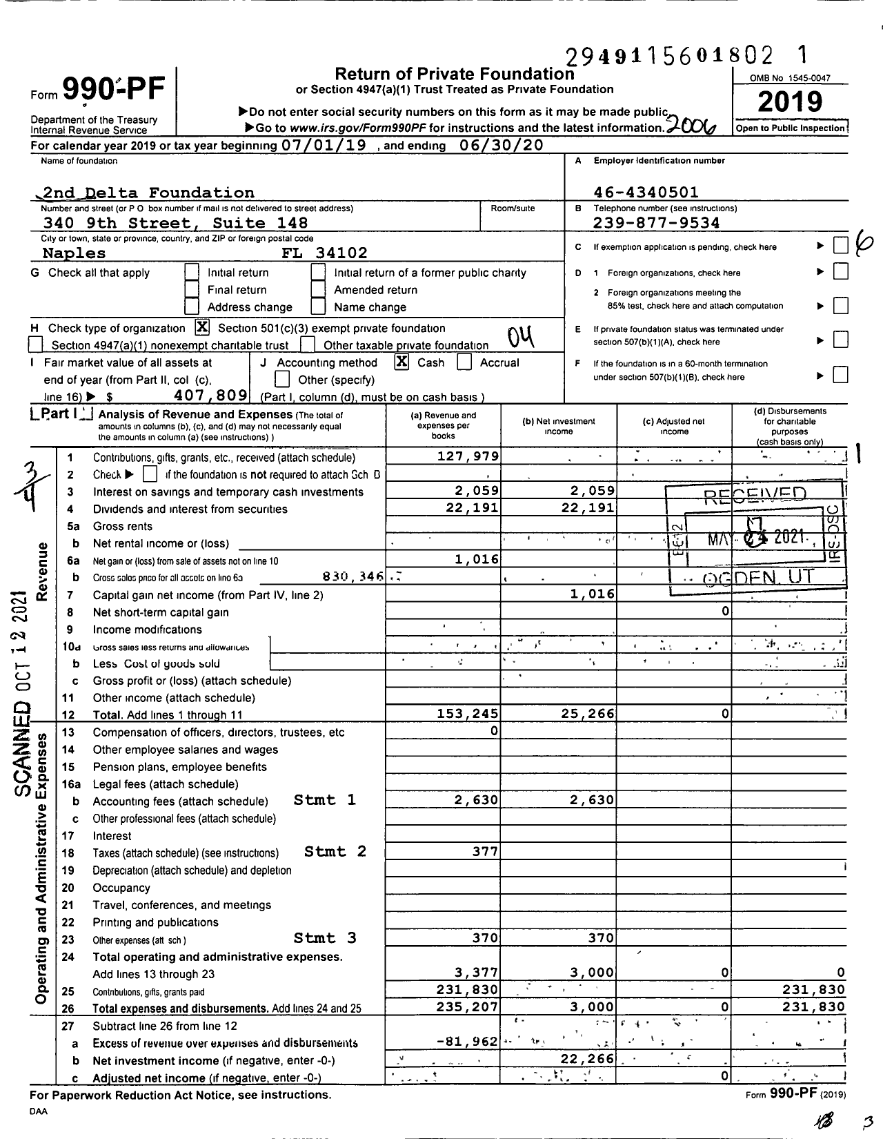 Image of first page of 2019 Form 990PF for 2nd Delta Foundation