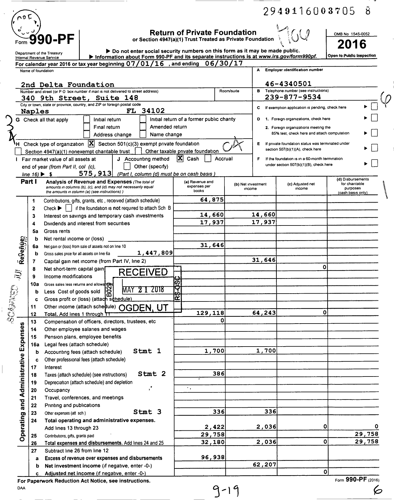 Image of first page of 2016 Form 990PF for 2nd Delta Foundation